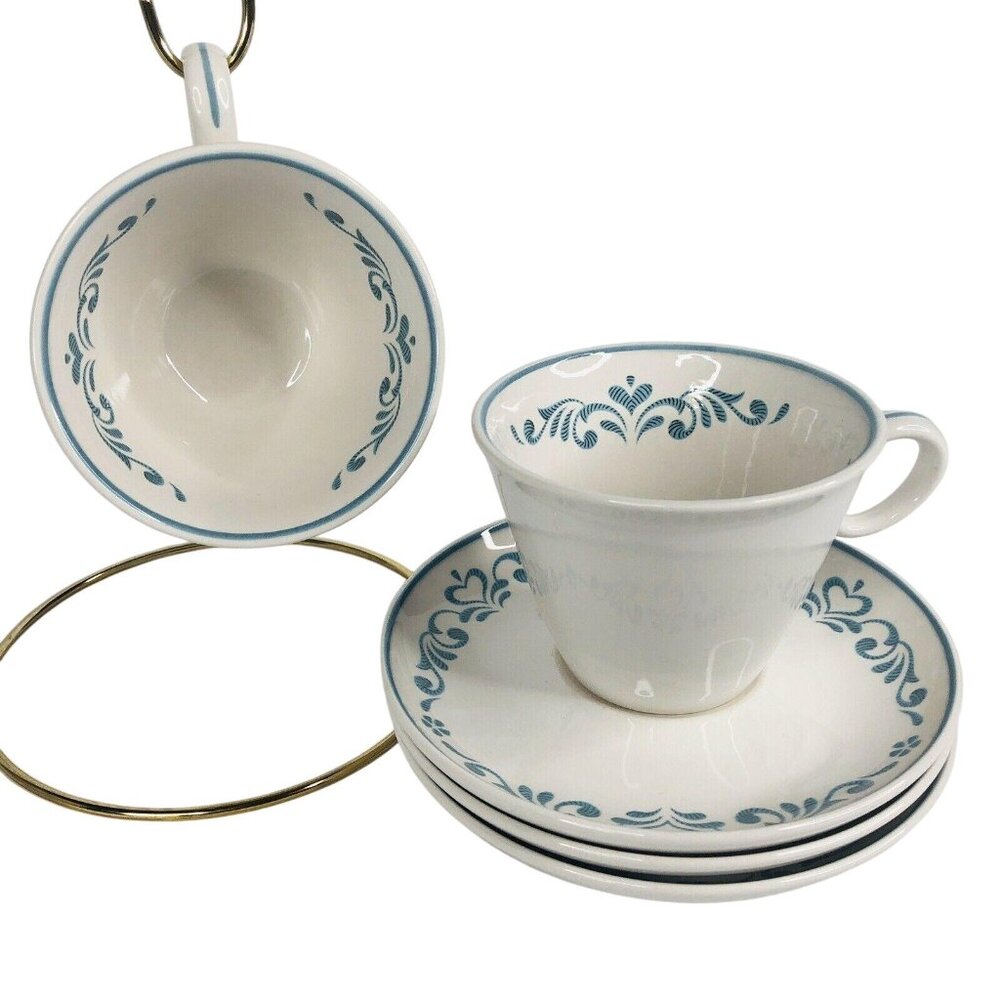 1960s Franciscan Blue Fancy 2 Coffee Cups 3 Saucer Whitestone Ware VTG Set White